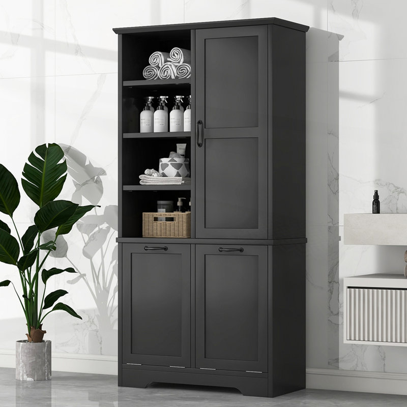 Armoire de rangement pour salle de bain avec portes et tiroirs, Noir, noir, noir, noir