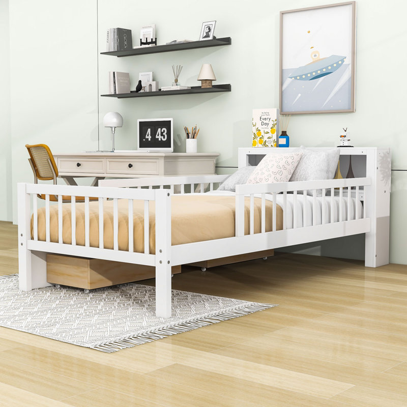 Lit plateforme simple en bois avec tiroirs de rangement, tablettes et tête de lit, Blanc