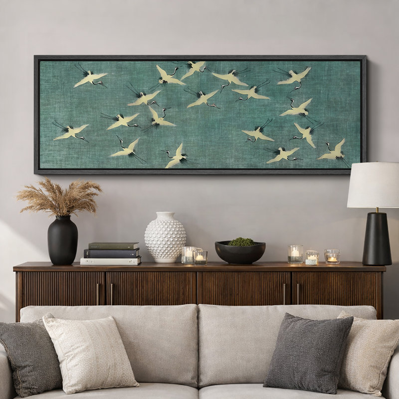 «Serene Sky Cranes In Flight On Teal», reproduction d'art sur toile encadrée, H 20 po x l 60 po, Noir, noir, noir, noir