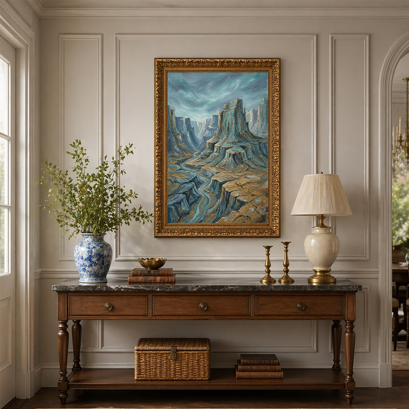 Art mural canevas bleu sarcelle et or avec rivière, H 36 po x l 48 po