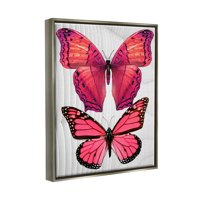 Papillons roses modernes encadrés sur bois, impression, H 21 po x l 17 po x P 1,7 po, Cadre flottant gris lustré