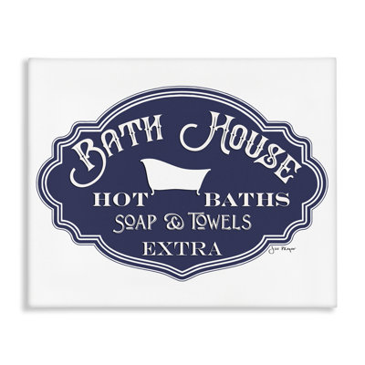 Vintage Bath House Sign Minimal Blue White Super Oversized Stretched Canvas Wall Art by Jill Meyer
