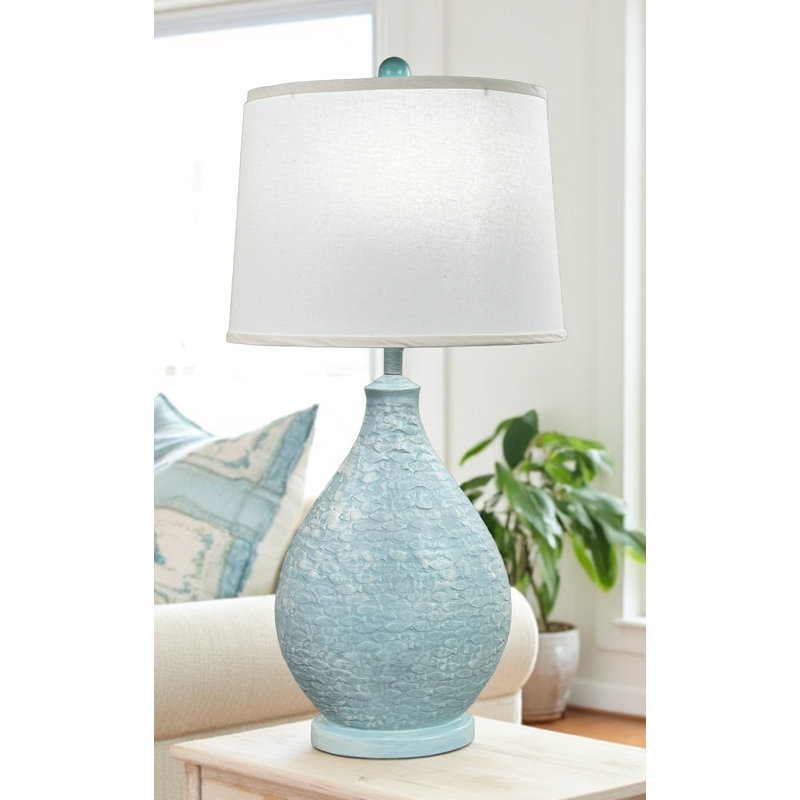 Weathered Oval Table Lamp with Fish Pattern, Blue