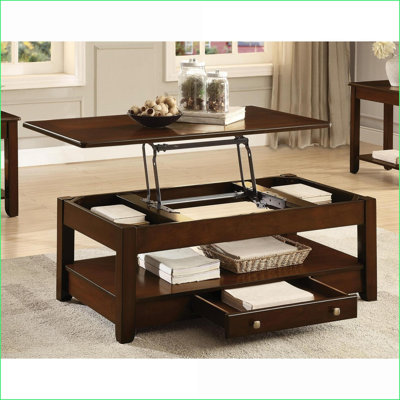 Table basse en bois de cerisier foncé pour le salon avec plateau relevable Tiroir, mouvement facile Rangement