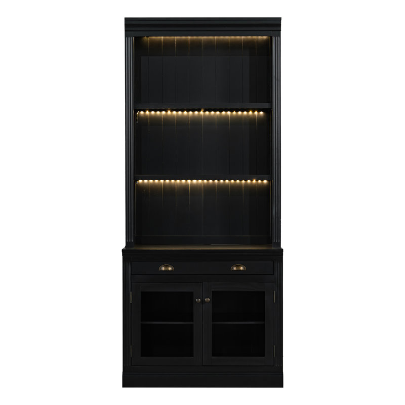83.4"Tall Bookshelf Suite with LED Lighting, Modern Bookcases with Glass Doors and Drawers,2-Piece Set Storage Bookcase Suite with Open Shelves for Living Room,Home Office,Black