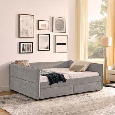 Canapé-lit capitonné avec deux tiroirs, grand lit de jour, tissu Boucle, gris (88 po x 65,5 po x 29,5 po)