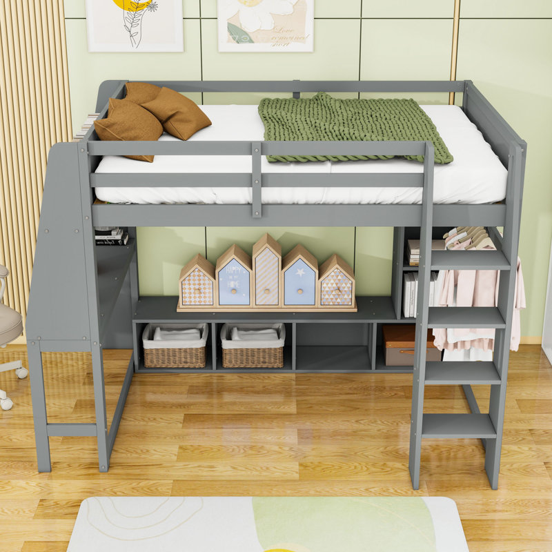 Lit mezzanine en bois avec bureau et tablettes multi-rangements avec DEL, Complète