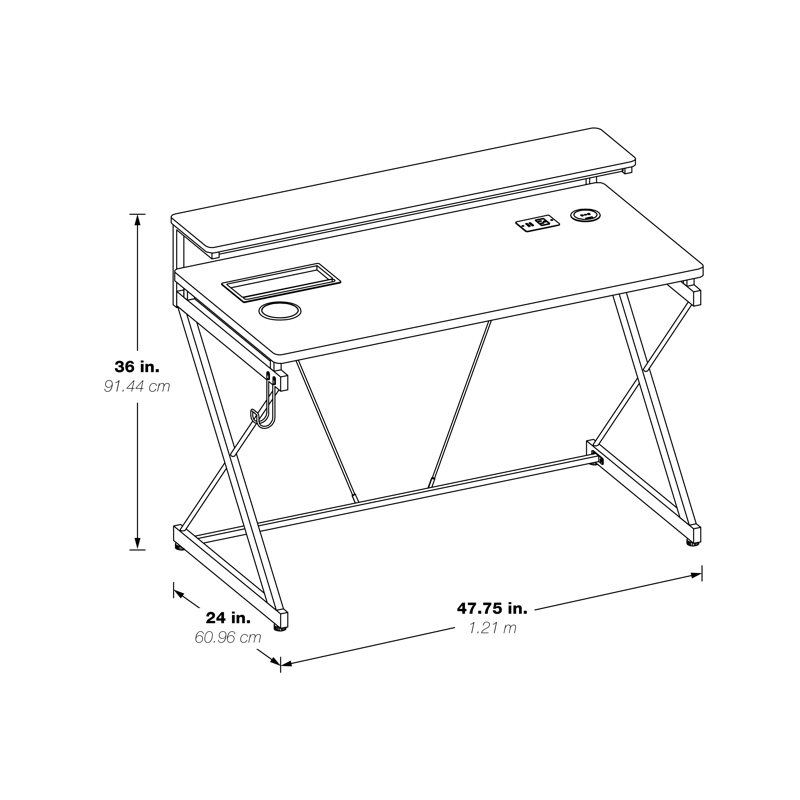 Metal Base Computer Desk with Power Outlet, Black, Black