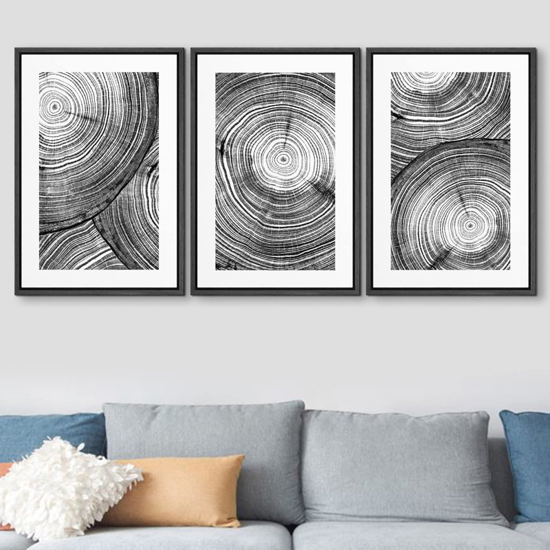 "Noir, blanc, cercle géométrique, collage, formes abstraites, illustrations, art moderne bohémien nordique" - 3 pièces, Noir