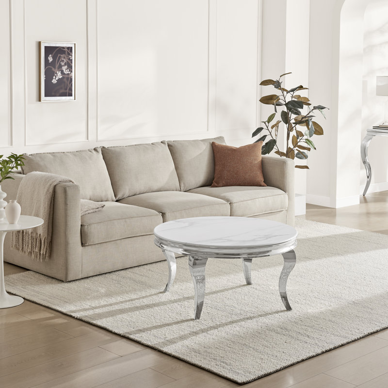 Weissport Round White Marble Glass And Metal Coffee Table - Elegant Bevelled Edge Finish