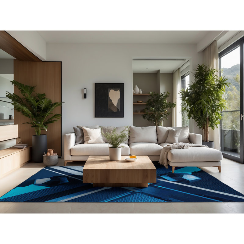Tapis bleu moelleux moelleux à formes géométriques modernes et élégantes Ebbert, 7 x 9