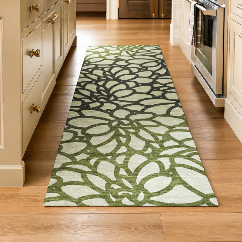Premium Machine Washable Mayfield AMF2412 Floral Rug, 2'3" x 7'6" Runner, Aloe