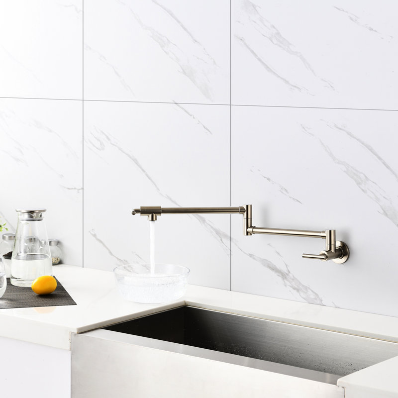 Brushed Nickel Pot Filler Faucet With Wall Mount And Folding Design - Arm For Effortless Filling, Double Handles To Control Water Flow, Surface Mounted Kitchen In Efficient Output, Special Corrosion