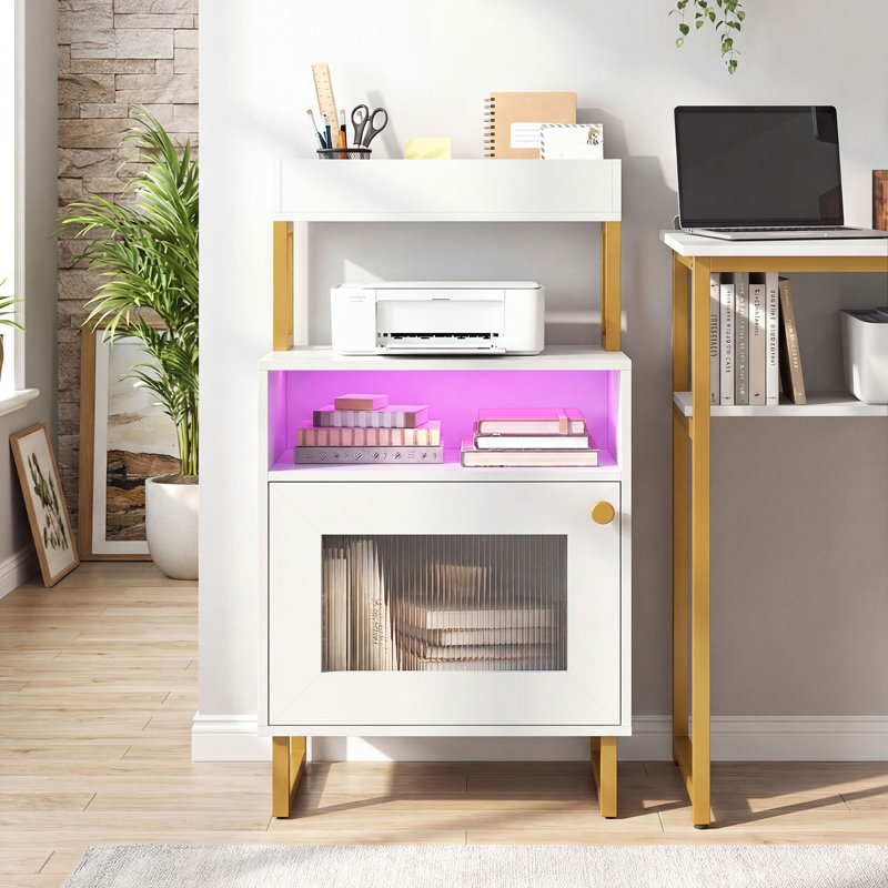 Table de chevet 2 pièces avec lumières DEL, table de bout moderne avec plateau supérieur, compartiment ouvert blanc, White, 2