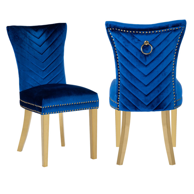 Escalera 20'' H Velvet Upholstered Dining Chair, Blue, Gold