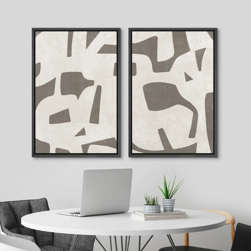 Ensemble de 2 pièces de style Mid-Century verdâtre brun clair à motif abstrait, simple et minimaliste, art moderne encadré sur toile