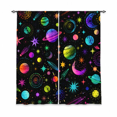 2Pcs Cosmic Galaxy Curtains, Light Filtering Fabric, Vibrant Planets and Stars Print, Sun Blocking Privacy Protection, Rod Pocket Design, for Teen Room, Bedroom, Living Home Decor