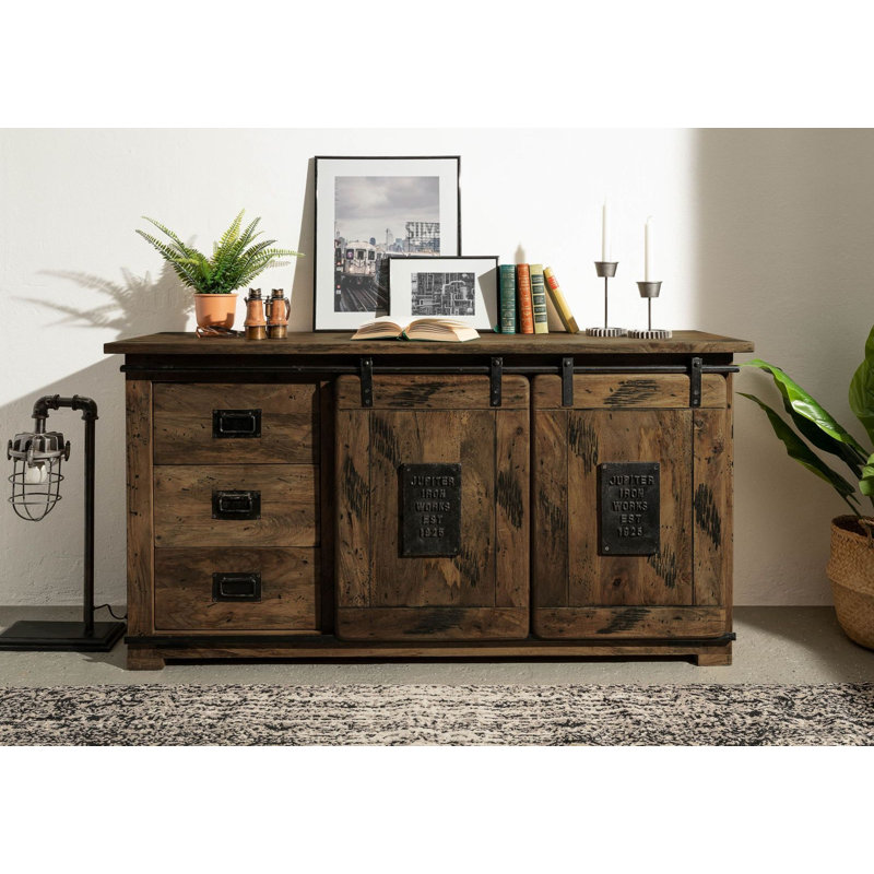 Railway 150cm Solid Wood Sideboard, Brown Lacquered