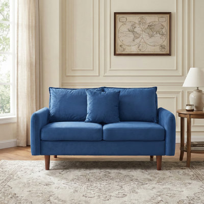  56" Wide Velvet Round Arm Loveseat, Featuring Side Storage Pockets and a Small Square Throw Pillow