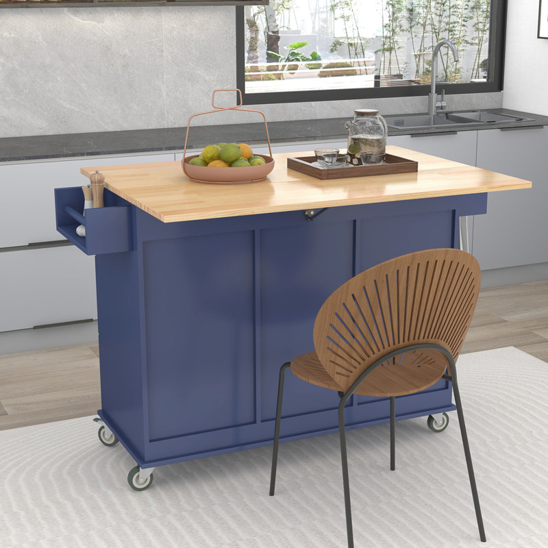 Solid Wood Top Kitchen Island, Dark Blue