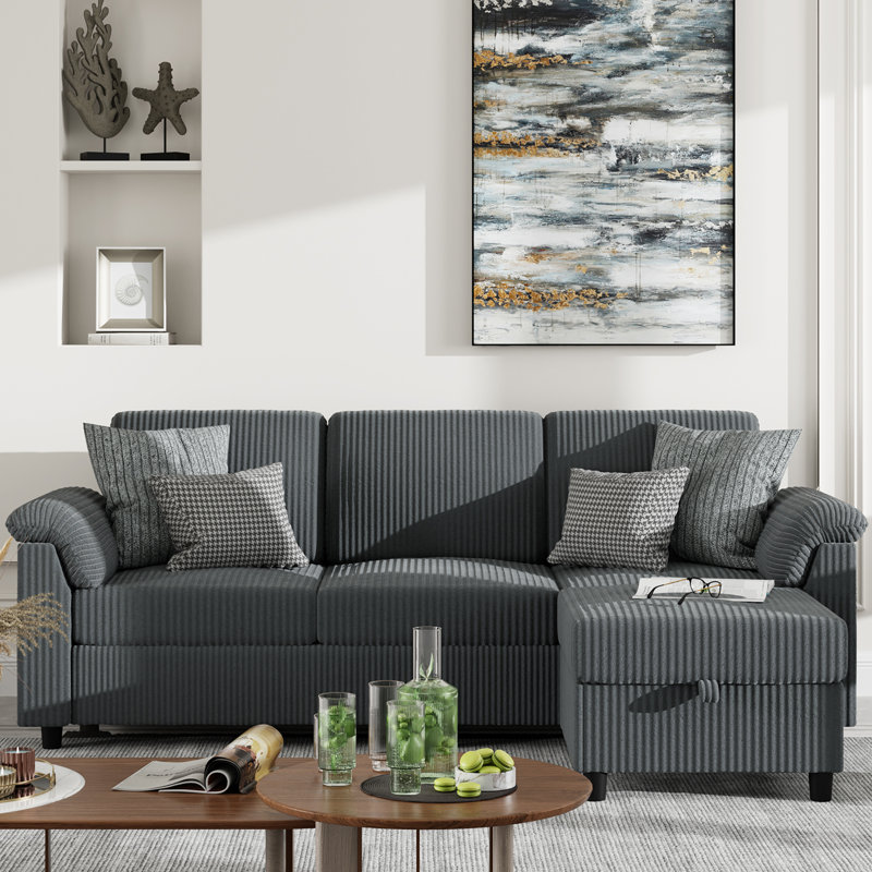 79" Upholstered L-Shaped Sofa with Ottoman , Deep Gray Corduroy