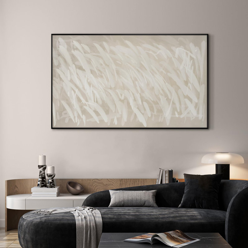Extra Large Wall Art Fabric Print - White Brush Strokes on Beige Artwork Decor for Living Room or Bedroom - "Frame Assembly Required (Unfinished Frame)"