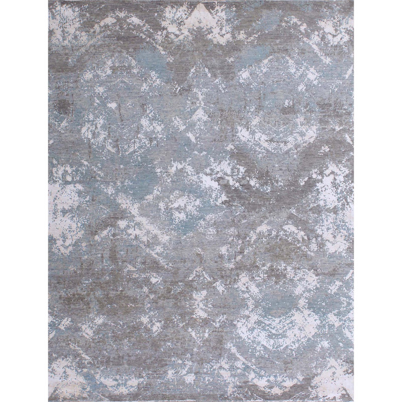Tapis gris / bleu / ivoire en laine noué à la main Abstract, Rectangle 8 pi x 10 pi