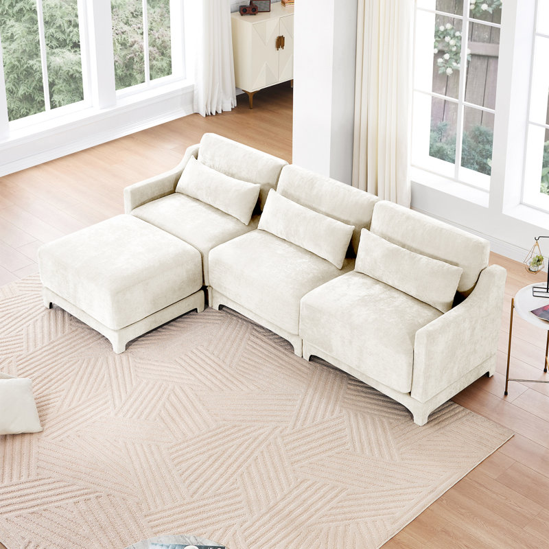 Chenille beige à trois places, deux repose-pieds mobiles, éponge à haute résilience, capitonnage exquis, configuration flexible, tissu d'usure, siège confortable avec base en bois de qualité, ergonomique,