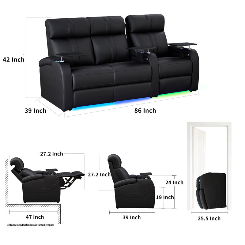 Siège de cinéma inclinable électrique en cuir véritable Mizpah avec éclairage ambiant à DEL et confort zéro gravité