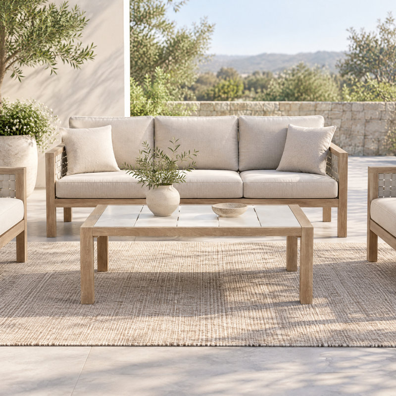 Table basse d'extérieur en aluminium avec finition grain de bois et plateau en céramique