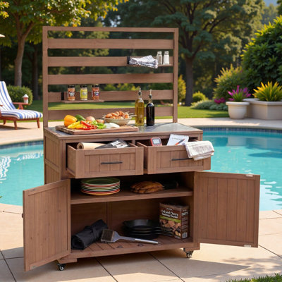 Grand chariot de barbecue pour îlot de cuisine avec plateau en acier inoxydable, petites tablettes mobiles, 2 tiroirs et armoire