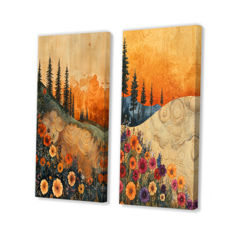 Fleurs orange orange, champ de fleurs II - collection d'art mural floral 2 pièces, H 28 po x l 25 po, Toile tendue