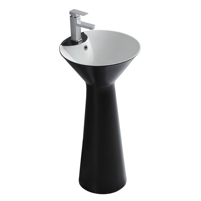 34.62" Tall Ceramic Circular Pedestal Bathroom Sink with Overflow, Black