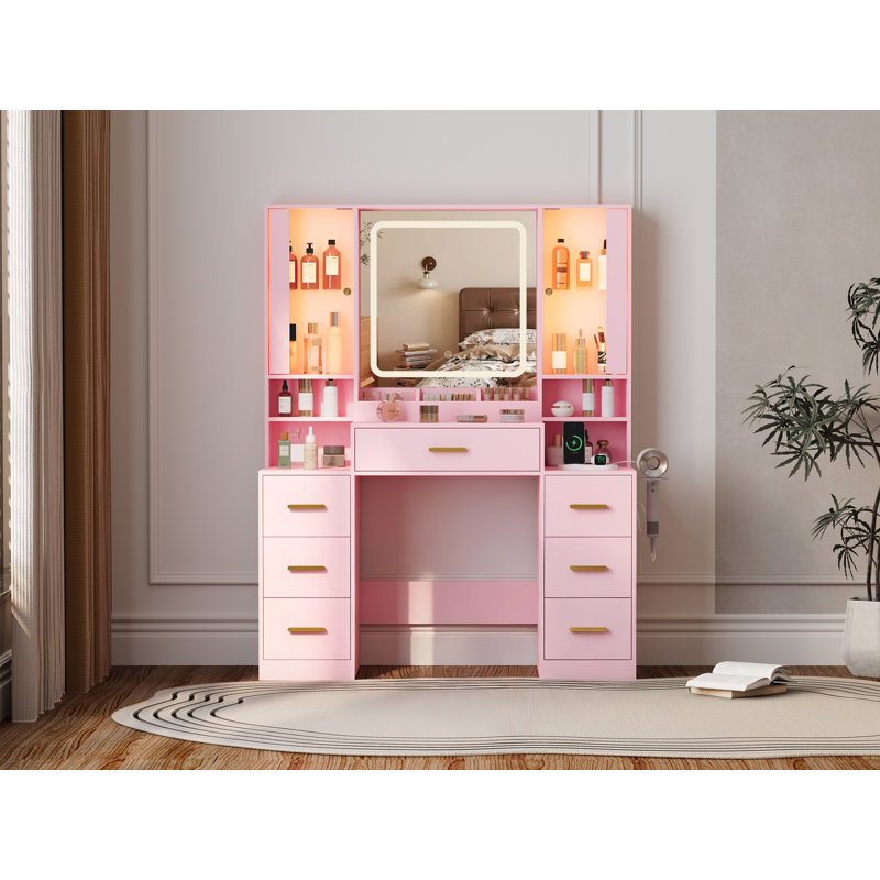 Large Lighted Makeup Vanity Set with Adjustable RGB Lights & Charging Station, Dressing Table with Mirror & Large Storage