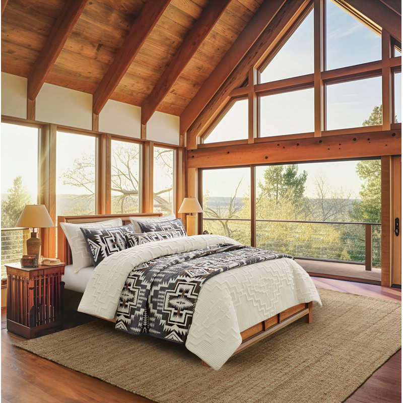 Gray Cotton Twin Quilt Set with Southwestern Pattern
