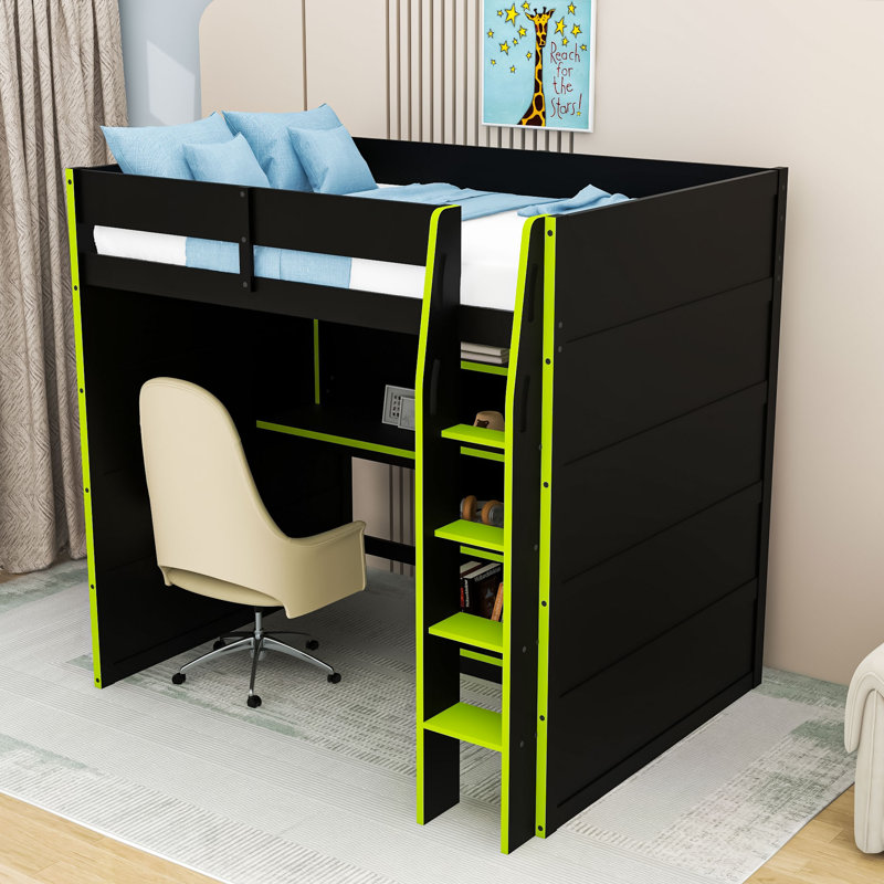 Lit mezzanine avec bureau, garde-robe et lumières RVB, Vert