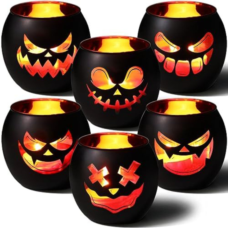 Porte-bougies noirs 6 pièces, bougeoirs lanternes Jack O Lantern, décorations d'Halloween d'intérieur pour table de cheminée