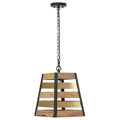 Aleacia 12"W Metal Hanging Pendant with Mango Wood and Gold Metal Slats Shade