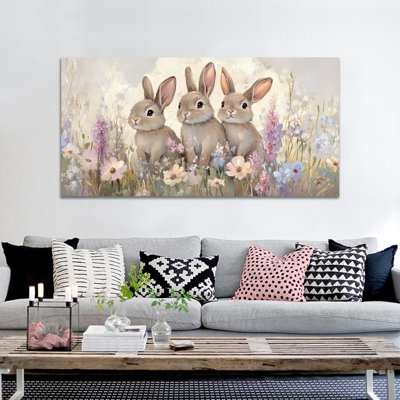  Spring Easter Bunny Wall Art, Spring Easter Bunny Pictures Wall Decor, Spring Flower and Rabbit Pictures Wall Decor, Easter Prints for Living Room Bedroom Kids Room Nursery Ready To Hang 24" × 48"