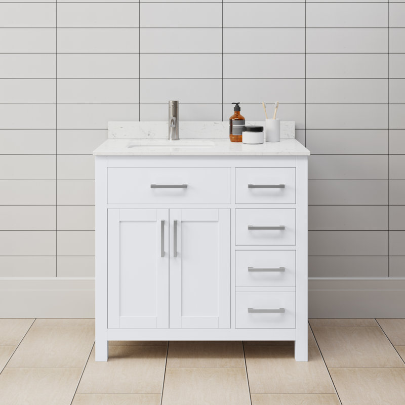 Beckett 36" Freestanding Single Bathroom Vanity with Cultured Marble Top, Carrara Cultured Marble, Brushed Nickel, White