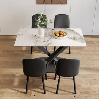 Juvan 5-Piece Modern Rectangular Marble Dining Table Set With 4 Faux Leather Chairs