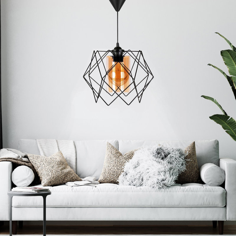 Luminaire suspendu cylindrique unique à 1 lumière avec accents en fer forgé Hamby, Noir