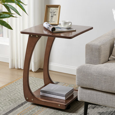 Emerson C-Shaped Side Table with Wheels, Walnut Color