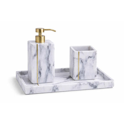 Ensemble d'accessoires de salle de bain 3 pièces, résine avec incrustation en laiton - distributeur de savon, gobelet et plateau de coiffeuse
