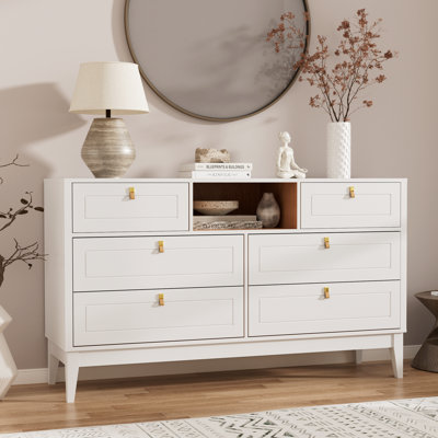 Commode blanche à 6 tiroirs de 47,2 po avec tablette ouverte et poignées à boucles en cuir véritable, commode de chambre à coucher et commode