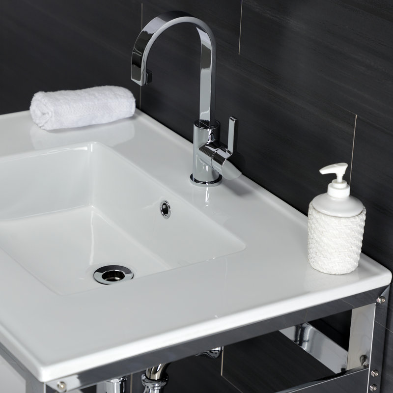 Kingston Brass Quadras 31-Inch Ceramic Console Sink with Steel Base and Glass Shelf, White/Chrome, Single