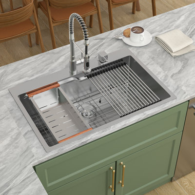 33" Drop-In Single Bowl 16 Gauge Stainless Steel Workstation Kitchen Sinks