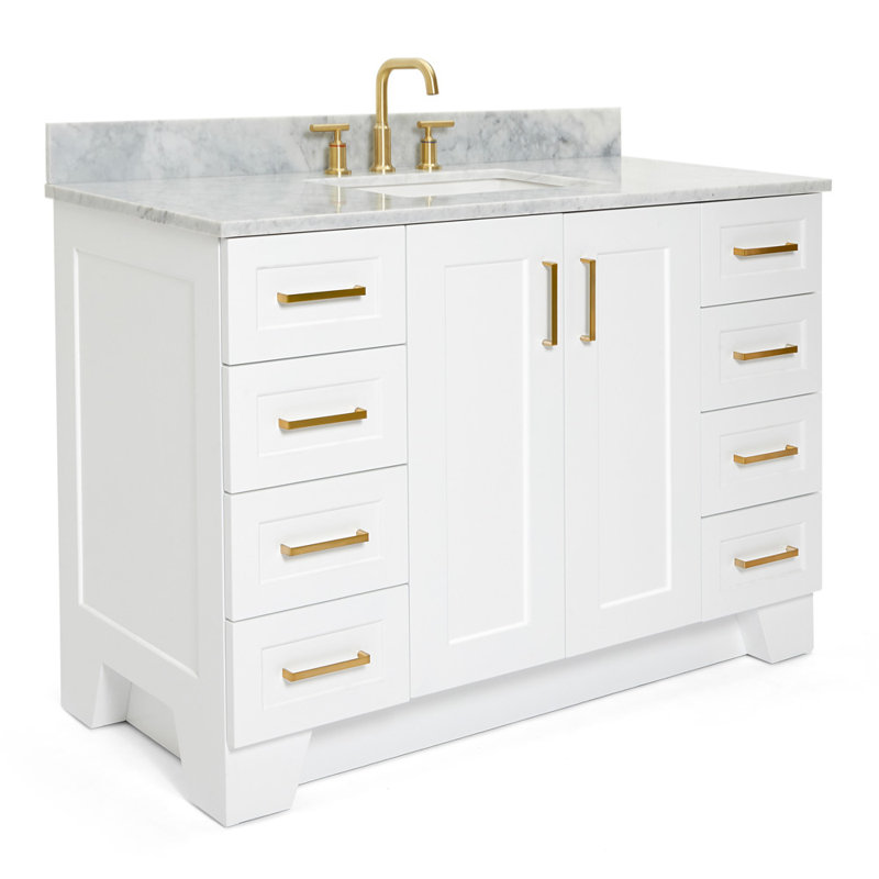 Nobe 48'' Solid Wood Single Bathroom Vanity with 0.75'' Carrara Marble Top, White, Rectangle, 48"