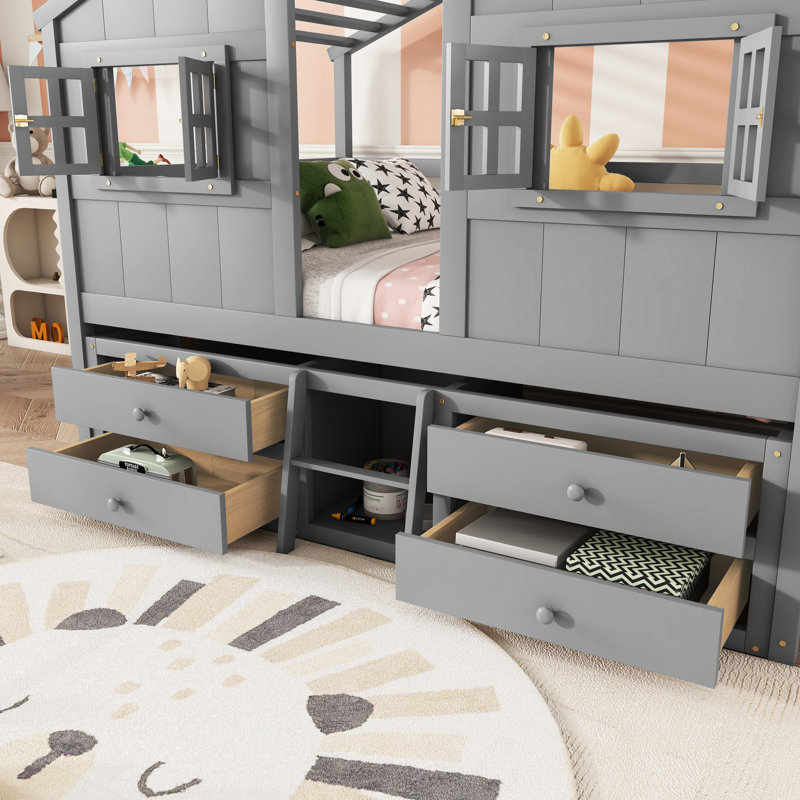 Lit mezzanine en bois de pin gris avec toit, fenêtres, 4 tiroirs de rangement, garde-corps et espace semi-privé en bois avec éléments décoratifs