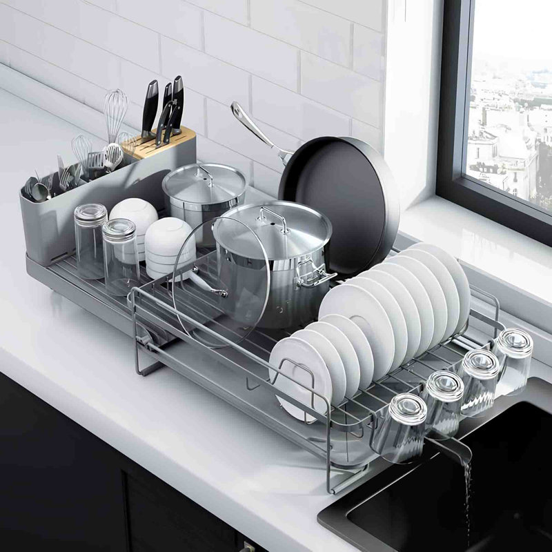 Gray Extendable Metal Dish Drying Rack with Utensil Cup
